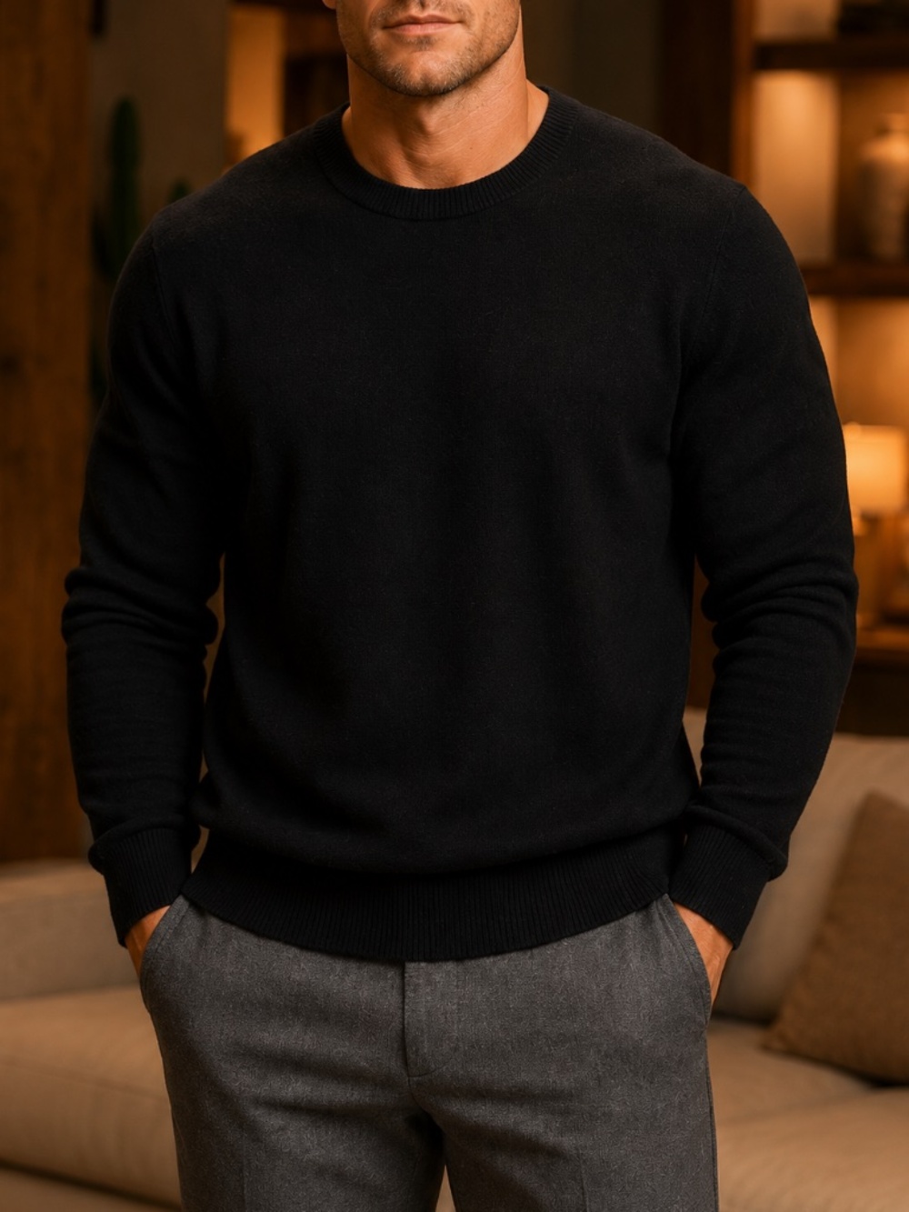 Qi Men’s Large Black 100% Cashmere Crewneck Sweater